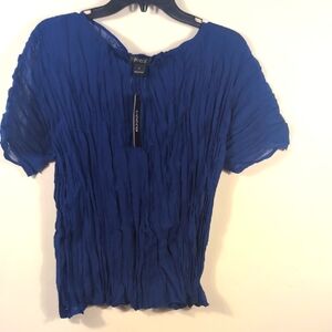 Royal Blue Puff Sleeve Pleated Top with Short Sleeves
